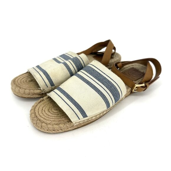 Tory Burch Stretch-Canvas Espadrille Sandal Awning‎ Ivory/Blue Size 8.5 - Picture 2 of 12